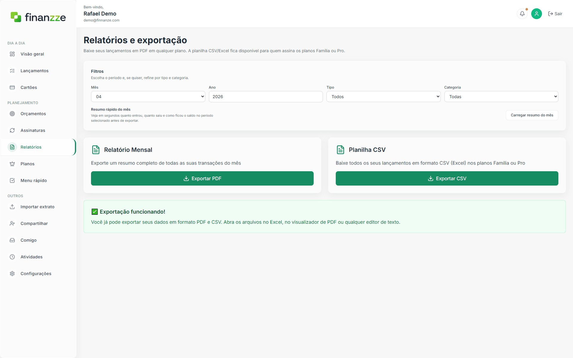 Painel de relatórios de um sistema